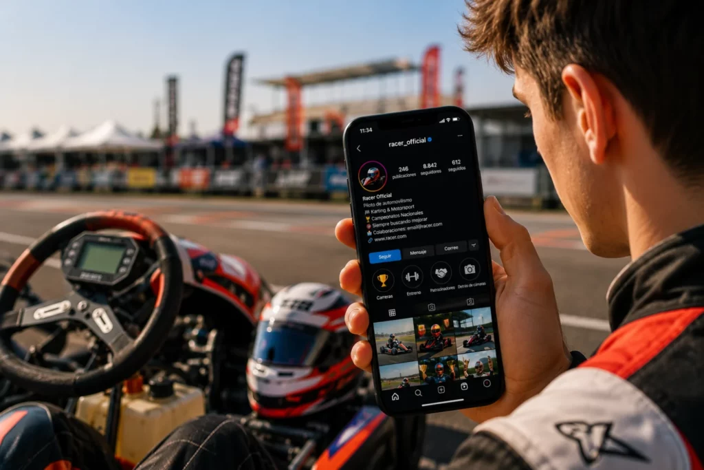Piloto revisando su perfil de Instagram para atraer patrocinadores deportivos
