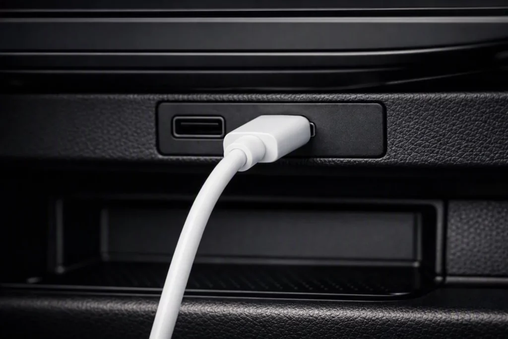 Cable USB conectado a un teléfono móvil para utilizar Android Auto