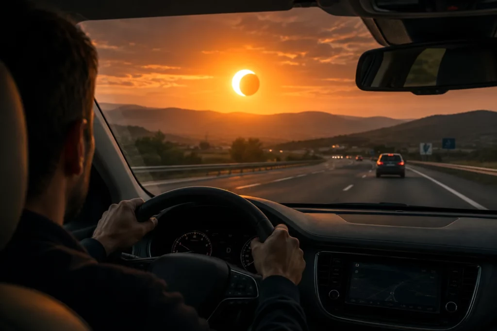 Conductor circula con baja visibilidad por el eclipse solar.