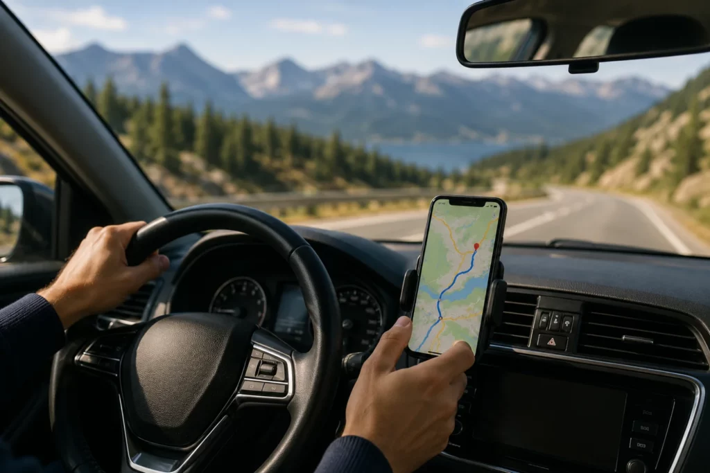 Conductor utilizando Google Maps durante un viaje por carretera.