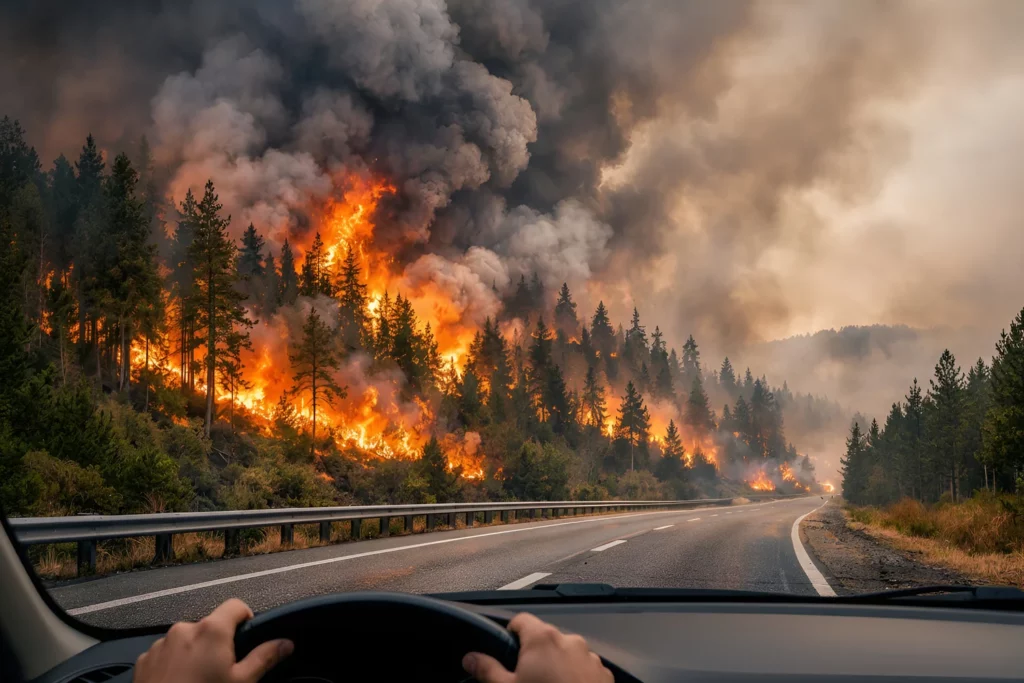Conductor circulando junto a un incendio forestal que avanza hacia el borde de la carretera