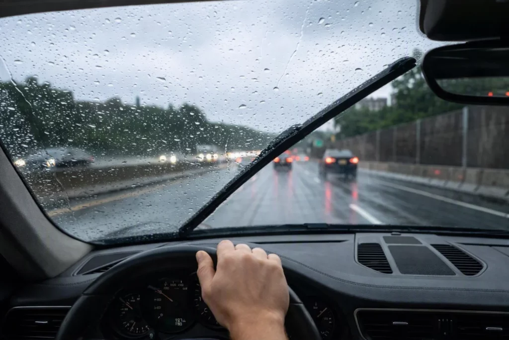 Limpiaparabrisas en funcionamiento bajo la lluvia.
