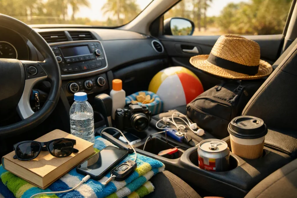 Objetos dentro del coche bajo el calor del verano