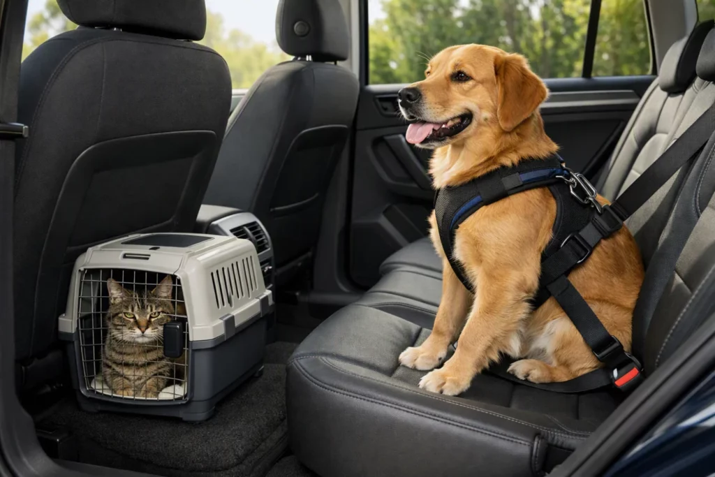 Perro y gato viajando en el coche es sus respectivos transportín y arnés