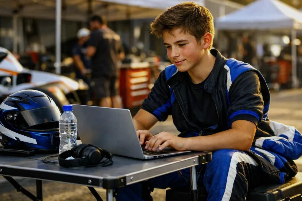 Piloto joven enviando un informe de resultados para patrocinadores deportivos.