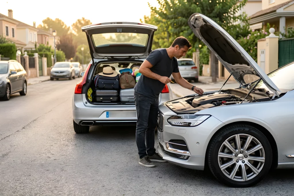 Conductor realizando comprobaciones del coche después de volver de vacaciones.