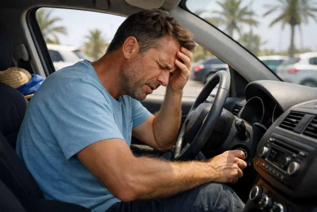 Conductor intentando arrancar con la batería del coche descargada tras las vacaciones de verano.