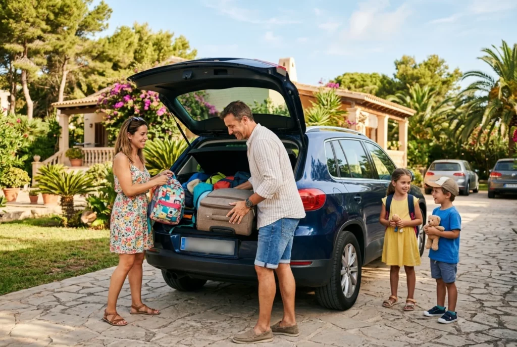 Familia preparando el coche para viajar con niños