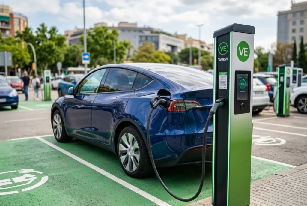 Vehículo eléctrico recargando batería en un punto de carga