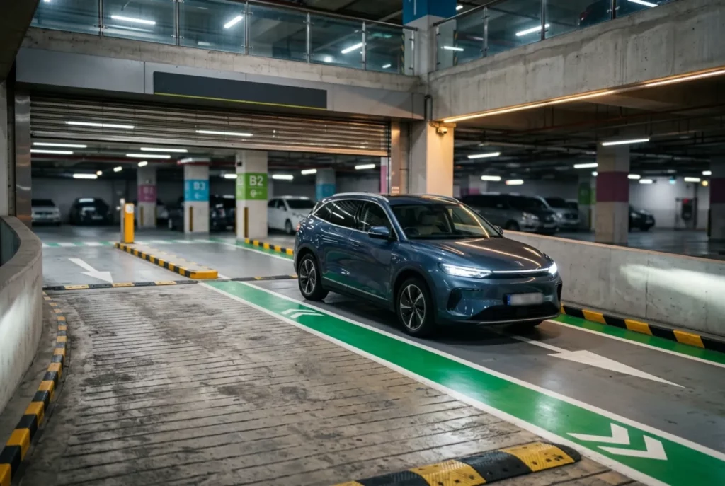 Vehículo eléctrico entrando a un parking subterráneo