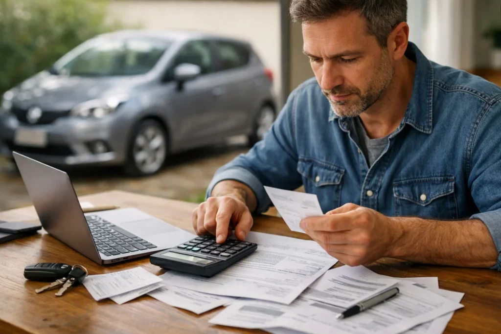 Conductor calculando cuánto cuesta tener coche al año entre seguro, combustible y mantenimiento
