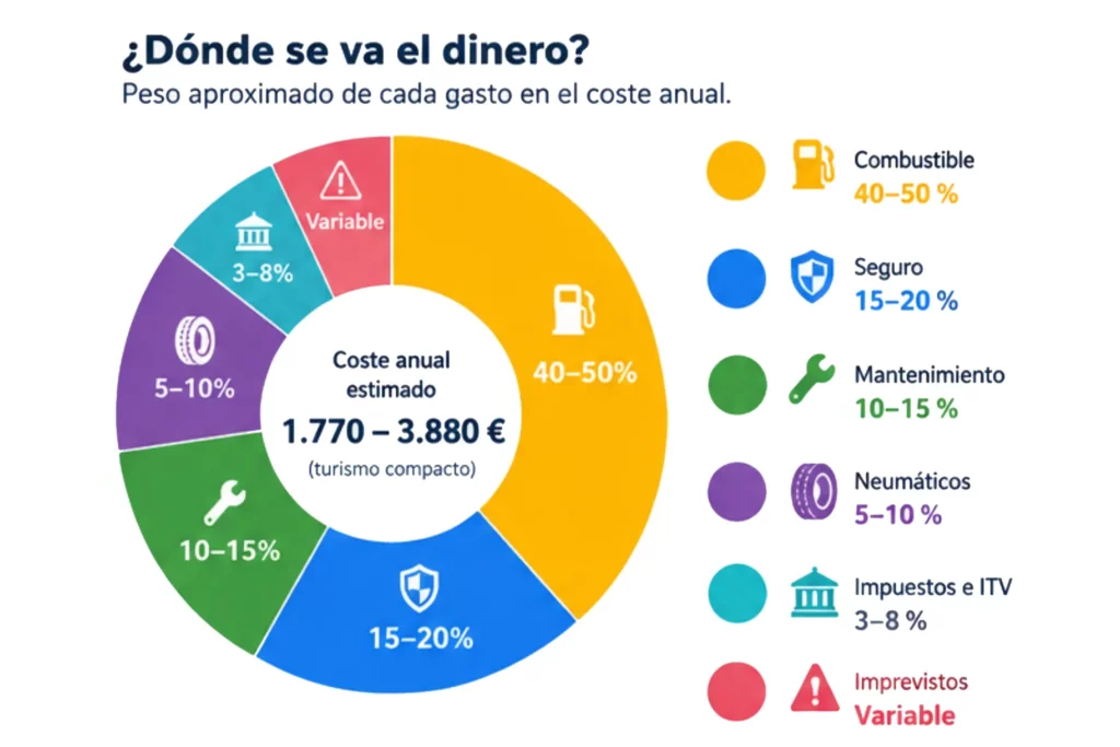 Gastos asociados a la propiedad y mantenimiento de un vehículo. Coste anual de tener coche en España desglosado por combustible, seguro, mantenimiento, neumáticos, ITV e impuestos.