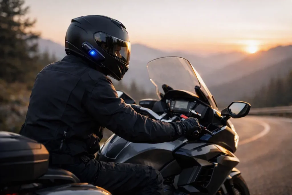 Motorista utilizando un intercomunicador para moto integrado en el casco durante una ruta por carretera