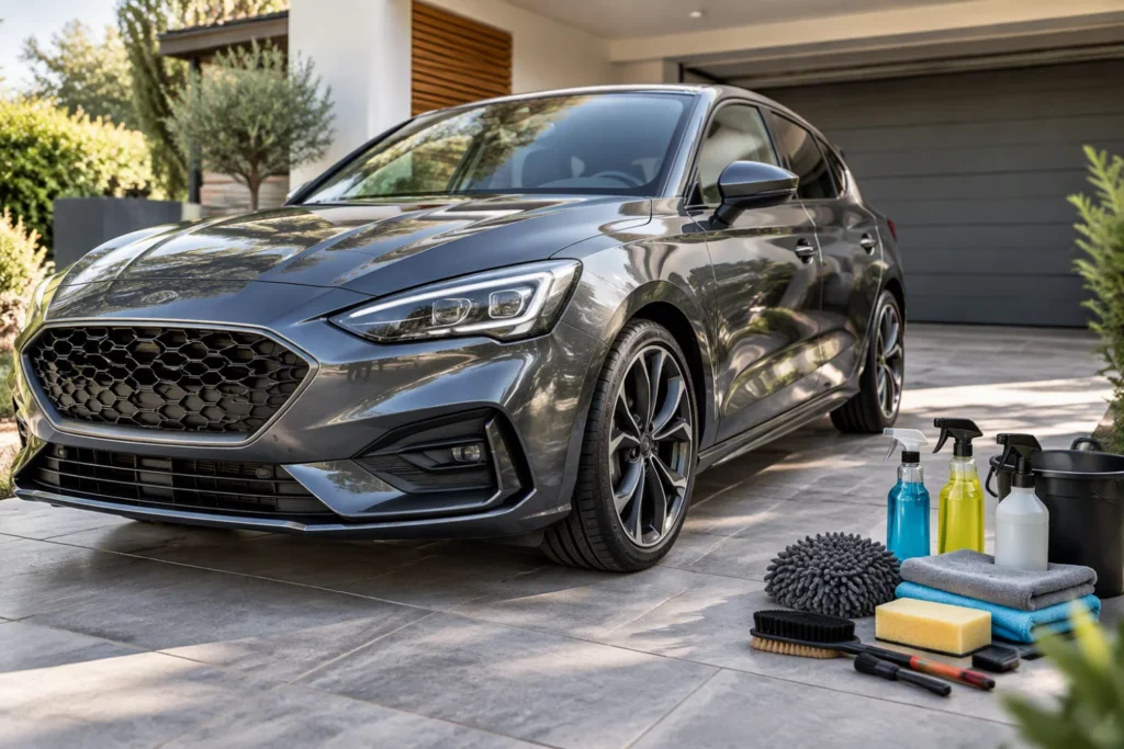Kits de limpieza para coche con productos y accesorios para el cuidado del interior y exterior del vehículo.