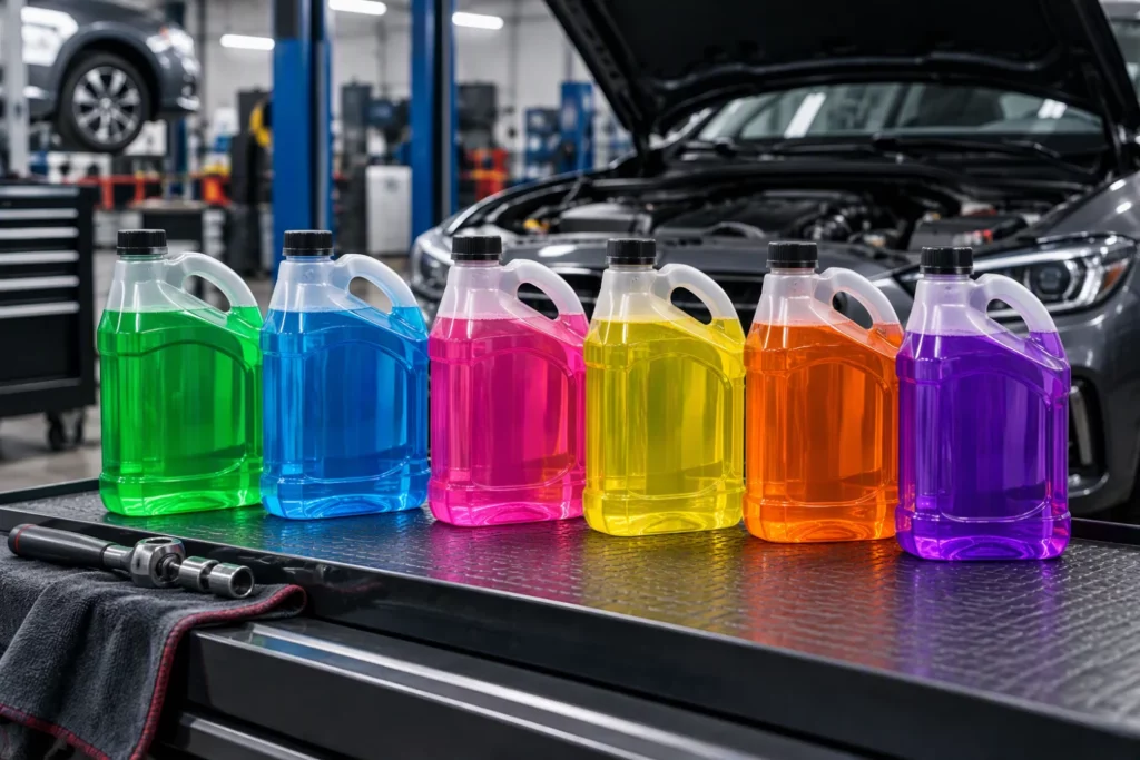 Envases de líquido refrigerante de distintos colores utilizados en automoción