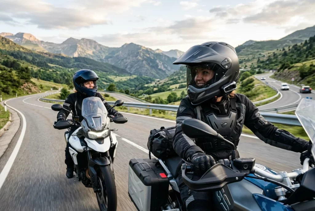 Dos motoristas comunicándose mediante intercomunicadores para moto instalados en sus cascos