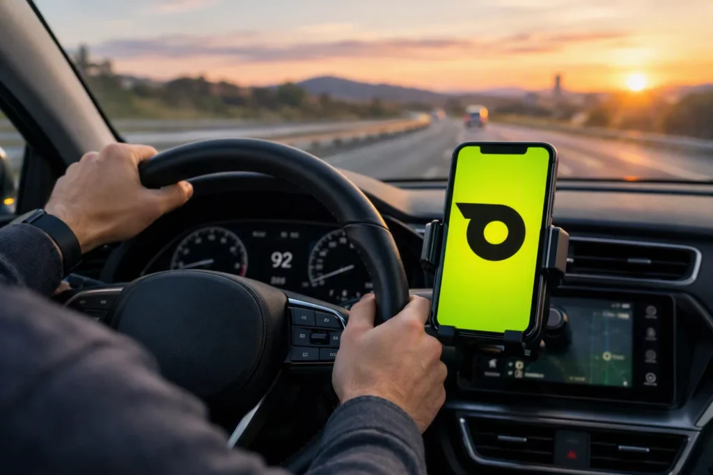 Conductor circulando con la aplicación Oone World en su teléfono móvil