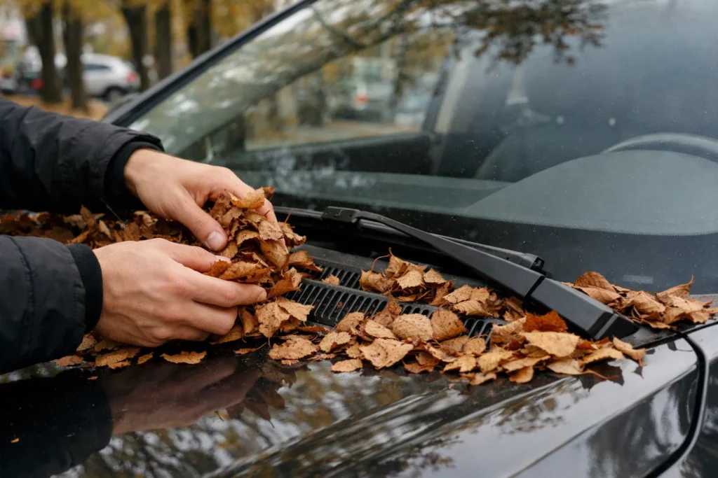 Hojas secas acumuladas en los desagües y rejillas del coche