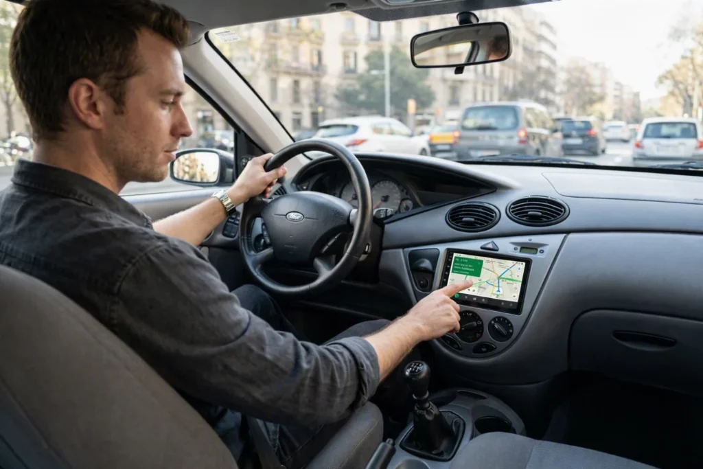 Conductor utilizando Android Auto en la pantalla multimedia de un coche antiguo