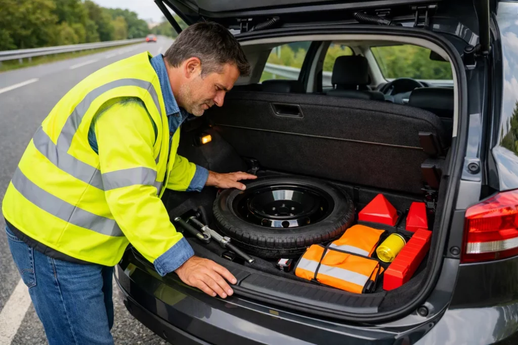 Conductor comprobando la rueda de repuesto y el equipamiento de emergencia del coche