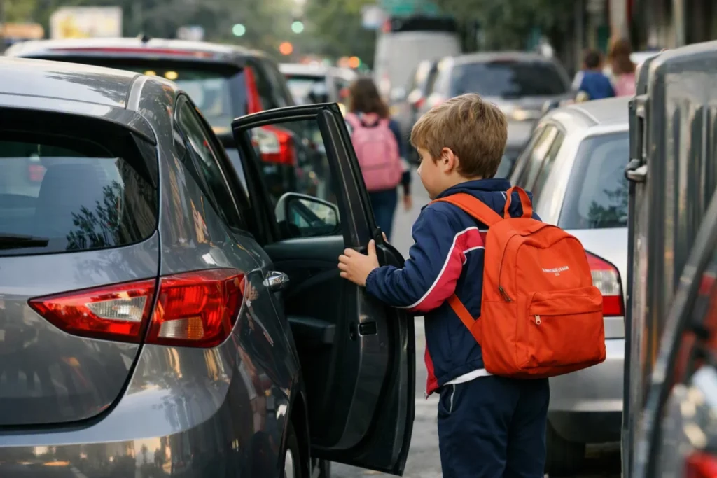 Niño bajando del coche para entrar en el colegio en la vuelta al cole