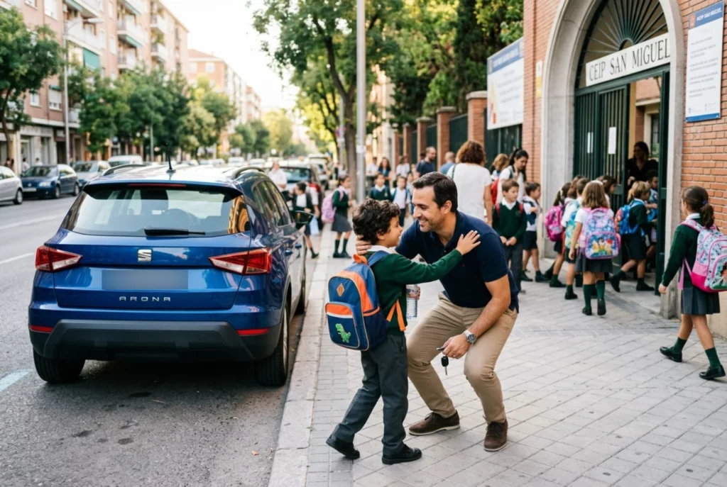Padre llevando a su hijo durante la vuelta al cole en coche