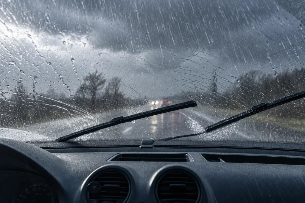 Coche circulando bajo lluvia intensa con los limpiaparabrisas funcionando correctamente