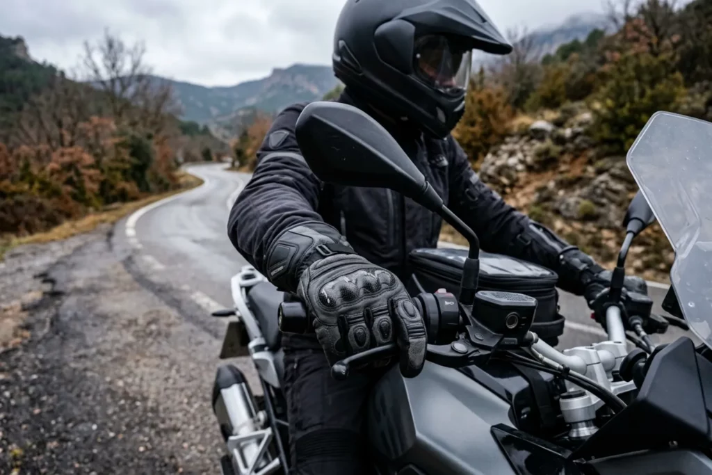 Motorista con guantes de moto para invierno circulando por carretera de montaña.