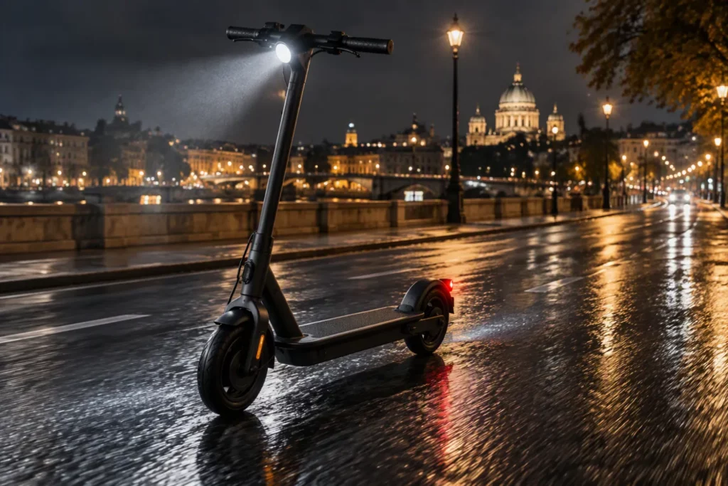 Luces para patinete eléctrico iluminando el asfalto en la noche