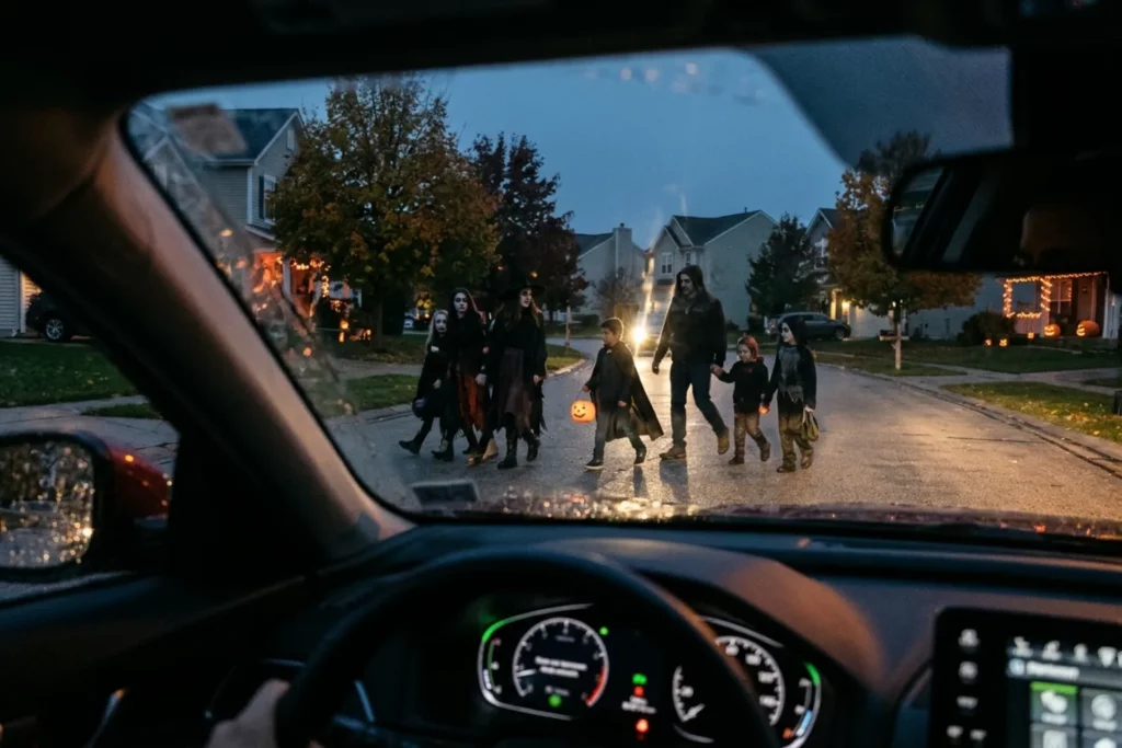 Peatones cruzando la calle en noche de Halloween sin apenas visibilidad